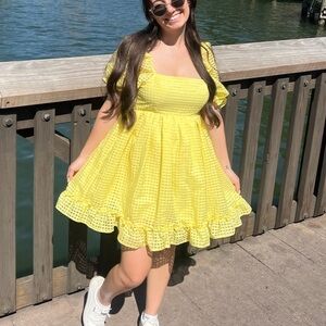 Yellow Puff Sleeve Square Neck Babydoll Dress